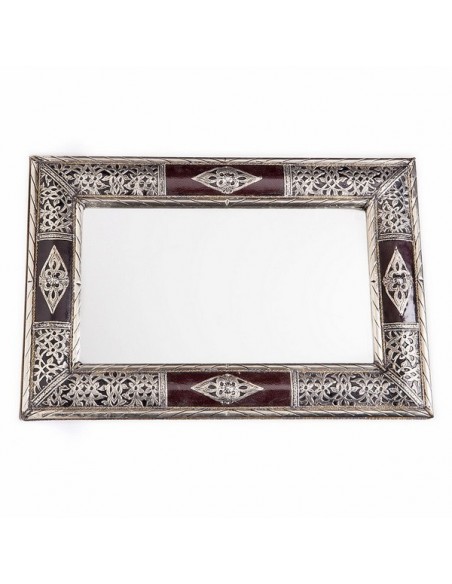 Grand miroir rectangulaire décoré de bois et métal, miroir fait main