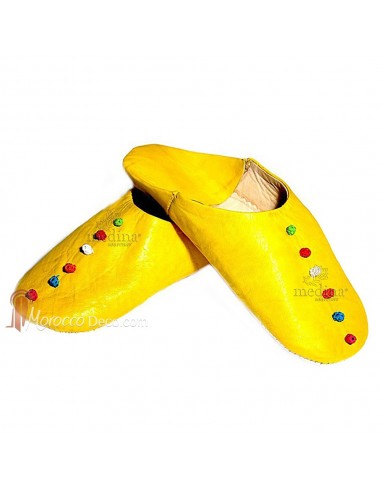 Babouche Rosa Marrakech jaune, babouches confectionnees et cousues main, chaussons en cuir veritable et soie de sabra