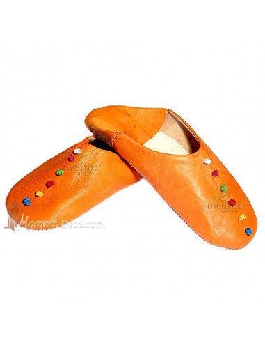 Babouche Rosa Marrakech orange, babouches confectionnees et cousues main, chaussons en cuir veritable et soie de sabra