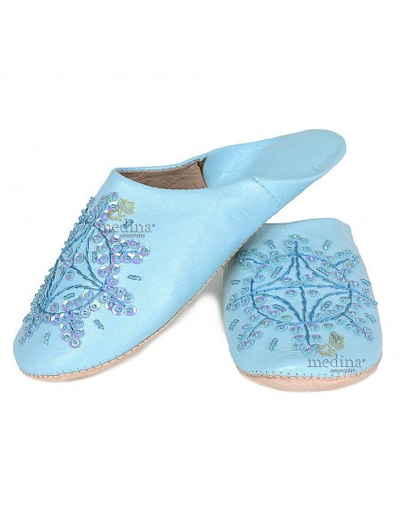 Babouche marocaine originales Paloma bleu clair, pantoufles alliant du confort et de l'élégance, chaussons cousus main