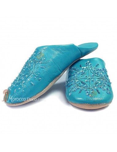 Babouche marocaine originales Paloma turquoise, pantoufles alliant du confort et de l'élégance, chaussons cousus main