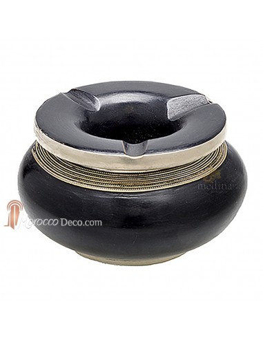 Cendrier marocain tadelakt design noir, cendrier fait main incrusté et cerclé de métal poli inoxydable et metal brossé torsadé