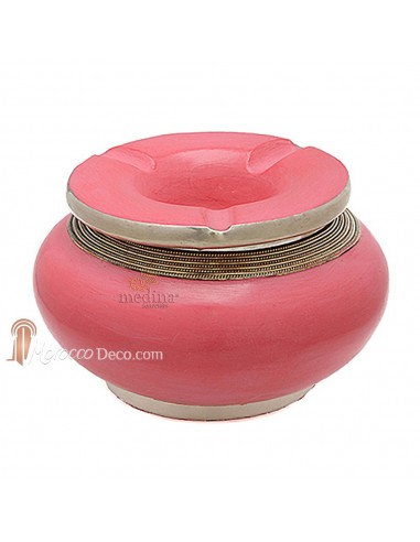 Cendrier marocain tadelakt design rose, cendrier fait main incrusté et cerclé de métal poli inoxydable et metal brossé torsadé