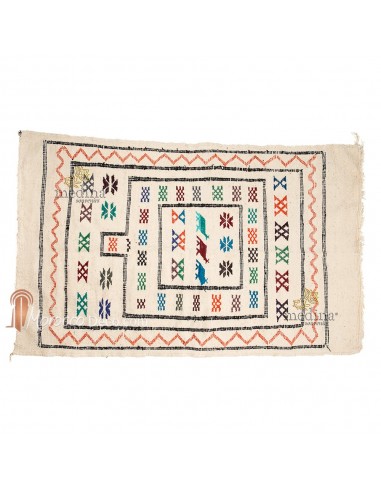 Tapis vintage fait main, tapis berbère aux motifs ethniques sur fond couleur perle