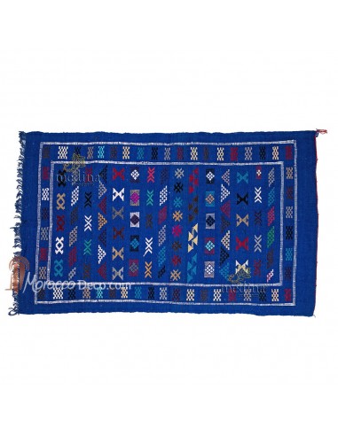 Tapis vintage fait main, tapis berbère aux motifs ethniques sur fond bleu