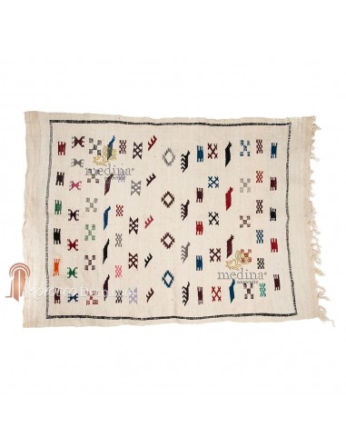 Tapis vintage fait main, tapis berbère aux motifs ethniques sur fond écru