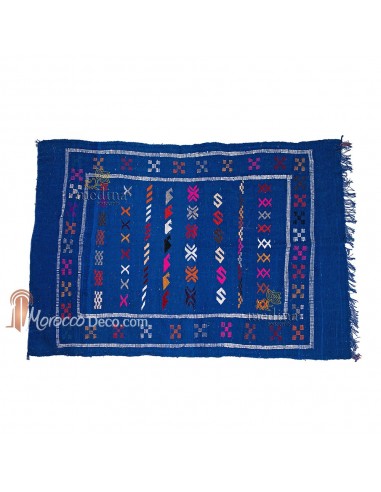 Tapis vintage fait main, tapis berbère aux motifs ethniques sur fond bleu royal