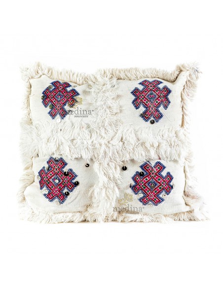 Coussin vintage berbere en laine vierge tissé main blanc motifs roses et rouges