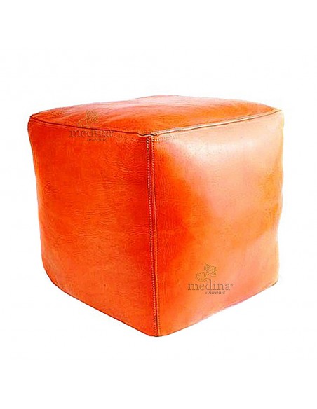 Pouf marocain cube orange, pouf carré artisanal en cuir veritable
