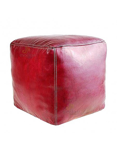 Pouf marocain cube bordeau, pouf carré artisanal en cuir veritable