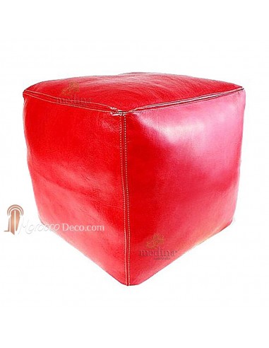 Pouf marocain cube rouge, pouf carré artisanal en cuir veritable