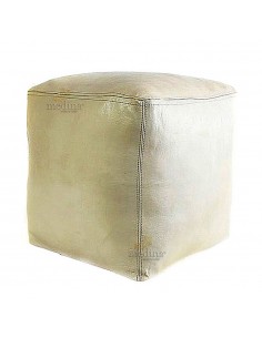 Pouf marocain cube blanc, pouf carré artisanal en cuir veritable