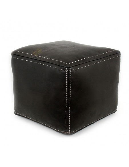 Pouf carré noir en cuir surpiqué, pouf haute qualité entièrement fait main