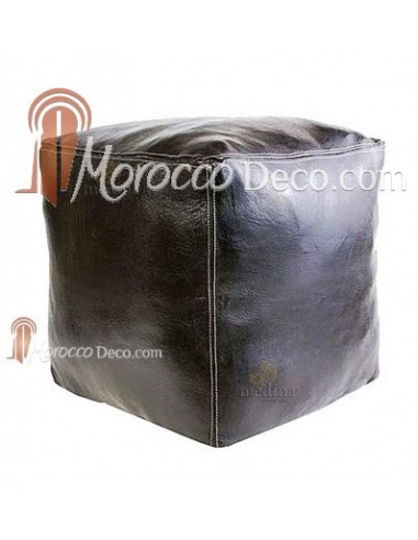Pouf marocain cube noir, pouf carré artisanal en cuir veritable